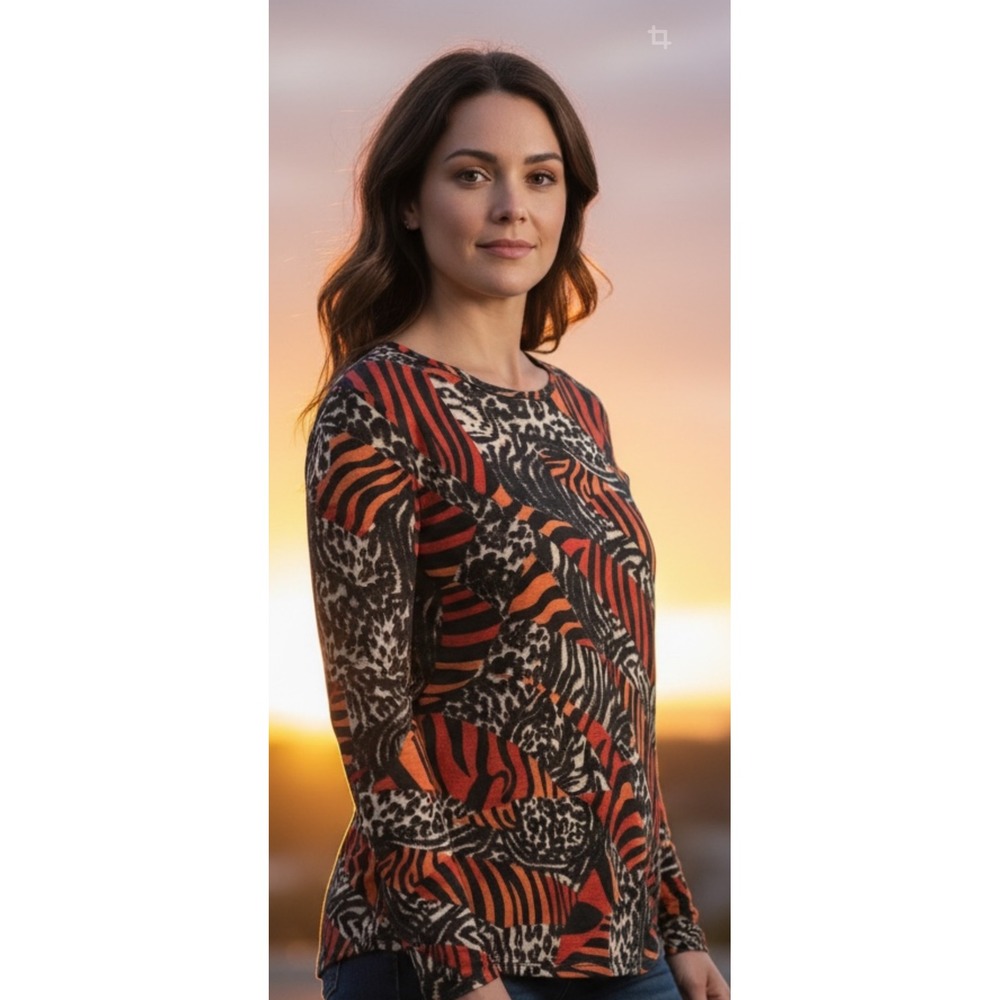 Peek-a-Boom Plus Womens Long Sleeve Crew Neck Animal Print‎ Top Orange Black 2XL